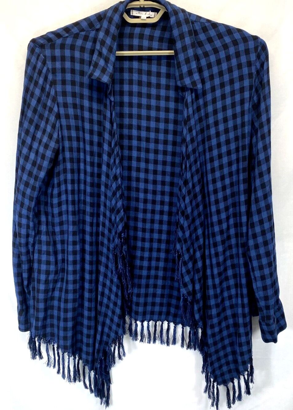 Willow & Clay Womens Size M Black/Blue Plaid Open Front Tasseled Cardigan Top